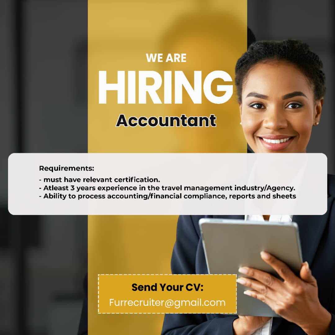 tohire_ng's tweet photo. We're Hiring 🔔 

Accountant 

📍Lekki, Lagos 

A Travel Management Company located at Lekki Lagos is recruiting an Accountant.

Requirements:
•Must have relevant certification.
•At least 3 years experience in the travel management industry/Agency.
•Ability to process accounting/financial compliance, reports and sheets.

Send CV to: Furrecruiter@gmail.com using the job role as subject.