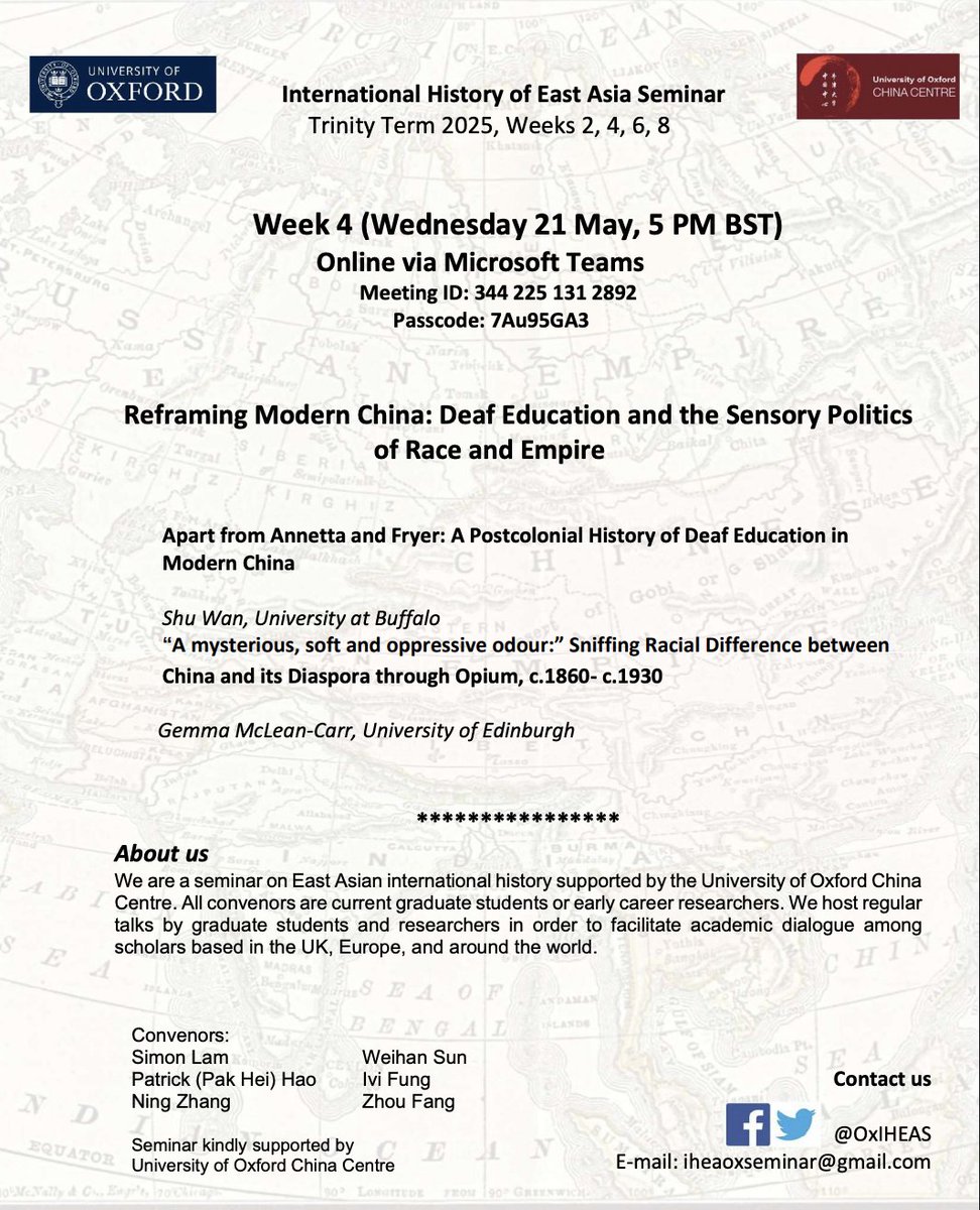 I am excited to present at the Oxford International History of East Asia Seminar later today. I will be talking about Opium, Odours, and Olfactory Prejudice in China and London's Chinatown. If interested, please feel free to join!