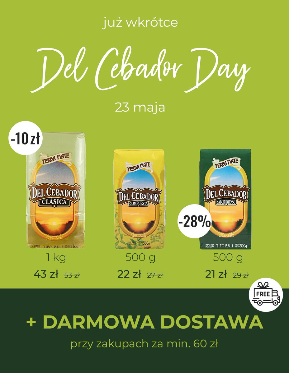 donsorbero's tweet photo. Z okazji zbliżającego się święta mamy dla Was smaczniutką promocję na #YerbaMate Del Cebador!
➤ Co więcej, od teraz do piątku możecie skorzystać z DOSTAWY ZA DARMO*

* nie dotyczy przesyłek pobraniowych
* dotyczy zamówień o wartości min. 60 zł
* oferta ważna do piątku 23 maja https://t.co/fRBKQy75A0