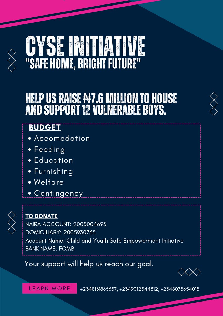 cyseinitiative's tweet photo. We're raising ₦7.6M to open a Safe Home for 12 vulnerable boys in Ibadan—giving them shelter, safety, and a fresh start. Please support or partner with us to make this dream real.
#SafeHomeBrighfuture
@savechildrenNG @Slum2School @yepsnigeria @HelpersSocial @cypfoundation https://t.co/mFpP2yCulk