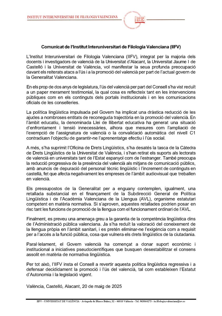 IIFV (@institut_iifv) on Twitter photo ➡️ Comunicat de l’Institut Interuniversitari de Filologia Valenciana sobre la política lingüística del Govern valencià
@UV_ES <a href="/UJIuniversitat/">Universitat Jaume I</a> <a href="/UA_Universitat/">Universitat Alacant</a> ➡️ Comunicat de l’Institut Interuniversitari de Filologia Valenciana sobre la política lingüística del Govern valencià
@UV_ES <a href="/UJIuniversitat/">Universitat Jaume I</a> <a href="/UA_Universitat/">Universitat Alacant</a>