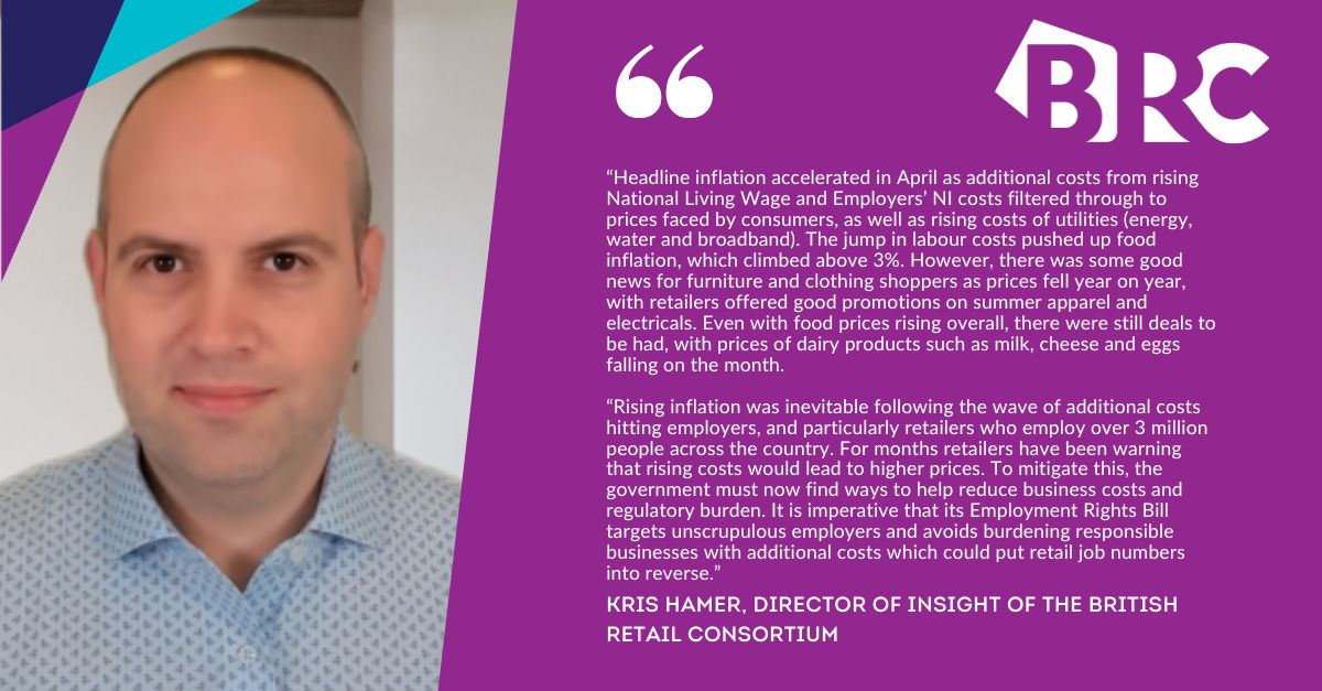 The British Retail Consortium (@the_brc) on Twitter photo Inflation accelerates in April.📈
As a wave of new costs hit the #retail industry last month, it's unsurprising to see the <a href="/ONS/">Office for National Statistics (ONS)</a> report an increase in inflation for April.💰
Food inflation rose to 3.4%.🥗
brc.org.uk/news-and-event… Inflation accelerates in April.📈
As a wave of new costs hit the #retail industry last month, it's unsurprising to see the <a href="/ONS/">Office for National Statistics (ONS)</a> report an increase in inflation for April.💰
Food inflation rose to 3.4%.🥗
brc.org.uk/news-and-event…