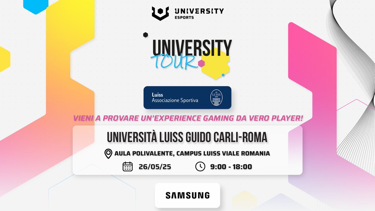 UNIVERSITY Esports Italy 🇮🇹 (@uniesportsit) on Twitter photo Ci vediamo a Roma?
Il 26 maggio, saremo presenti con il nostro University Tour da <a href="/UniLUISS/">Luiss Guido Carli</a>.
Tutti gli studenti potranno vivere l'esperienza di un progamer e provare con mano la potenza di SSD 990 PRO di <a href="/SamsungItalia/">Samsung Italia</a> 🙂↕️
📍Aula Polivalente, Campus Luiss Viale Romania Ci vediamo a Roma?
Il 26 maggio, saremo presenti con il nostro University Tour da <a href="/UniLUISS/">Luiss Guido Carli</a>.
Tutti gli studenti potranno vivere l'esperienza di un progamer e provare con mano la potenza di SSD 990 PRO di <a href="/SamsungItalia/">Samsung Italia</a> 🙂↕️
📍Aula Polivalente, Campus Luiss Viale Romania