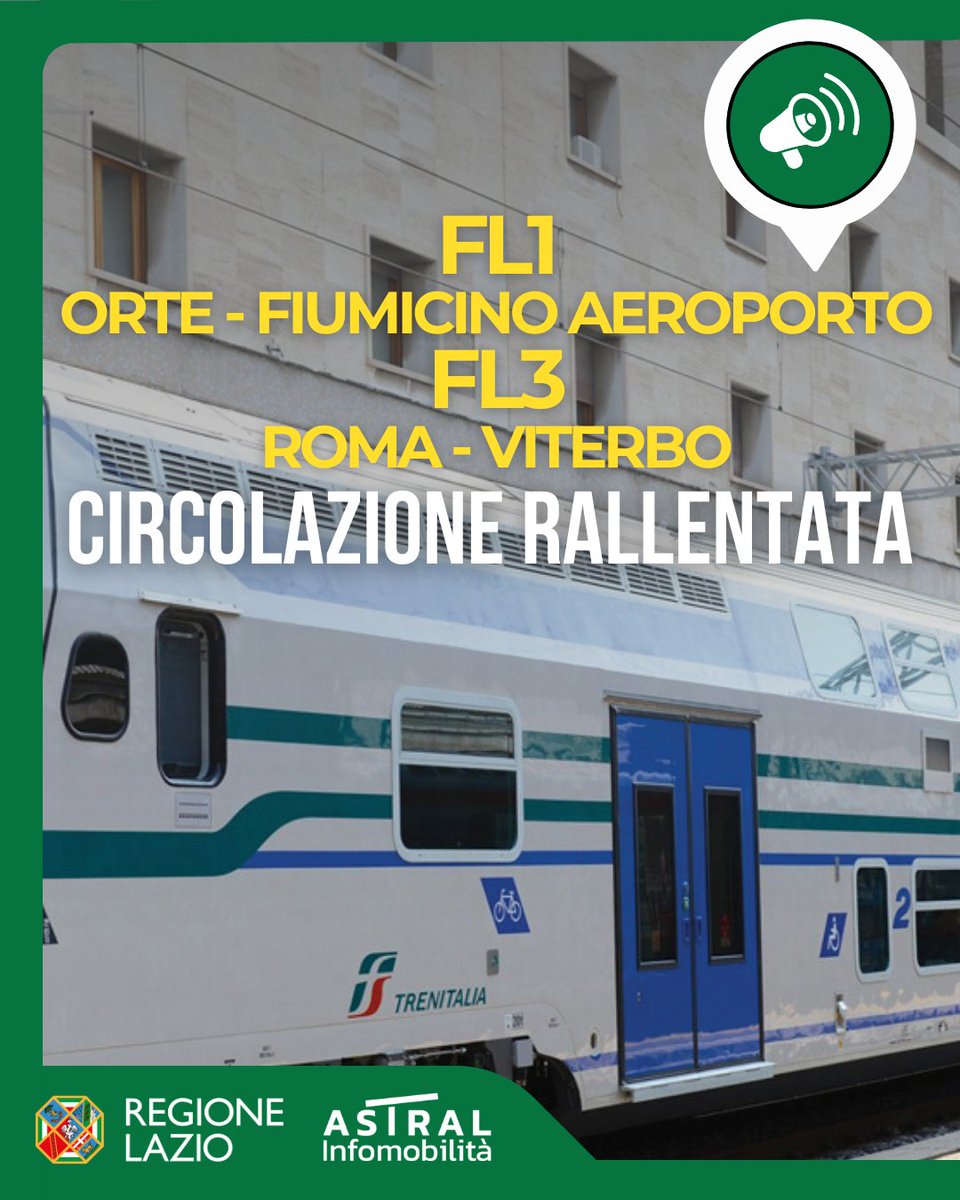 astralmobilita's tweet photo. 🔴🚆 #FL1 #Orte - #FiumicinoAeroporto e #FL3 #Roma - #Viterbo
circolazione fortemente #rallentata per #inconveniente tecnico alla linea elettrica nei pressi di #RomaTuscolana
🕑⚠ i treni possono registrare #ritardi fino a 90 minuti e subire #limitazioni e #cancellazioni https://t.co/DCTp3rIv5F