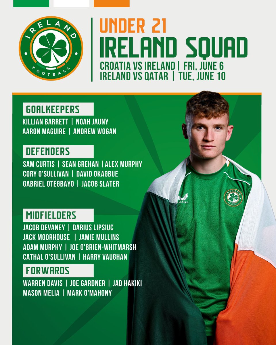 Ireland Football โฝ๏ธ๐ฎ๐ช (@irelandfootball) on Twitter photo Ready for two games in Croatia ๐ฎ๐ชโ๏ธ๐ญ๐ท
Your Under-21s squad for friendlies against Croatia & Qatar ๐ข
Cathal OโSullivan, Cory OโSullivan, Warren Davis, Jacob Devaney and Killian Barrett all earn first U21 call-ups ๐
Full details ๐ fai.ie/latest/jim-craโฆ
#IRLU21 | #COYBIG Ready for two games in Croatia ๐ฎ๐ชโ๏ธ๐ญ๐ท
Your Under-21s squad for friendlies against Croatia & Qatar ๐ข
Cathal OโSullivan, Cory OโSullivan, Warren Davis, Jacob Devaney and Killian Barrett all earn first U21 call-ups ๐
Full details ๐ fai.ie/latest/jim-craโฆ
#IRLU21 | #COYBIG