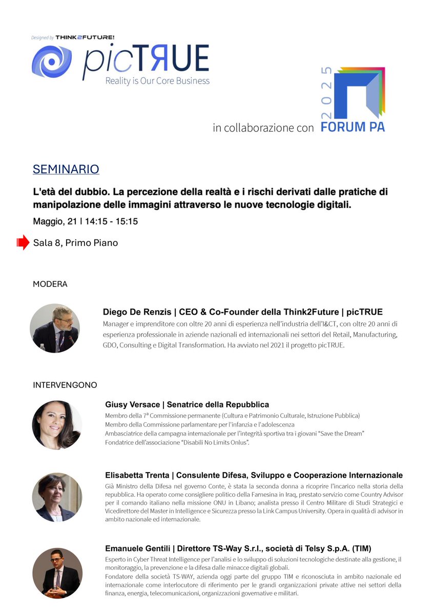 Oggi pomeriggio alle 14:15 sarò al #ForumPA (sala 8 piano 1) per parlare di #disinformazione, #deepfake e #guerracognitiva su invito di #picTRUE,  piattaforma italiana per autenticare le immagini. Difendere la verità visiva è difendere la democrazia. #Sicurezza #PA