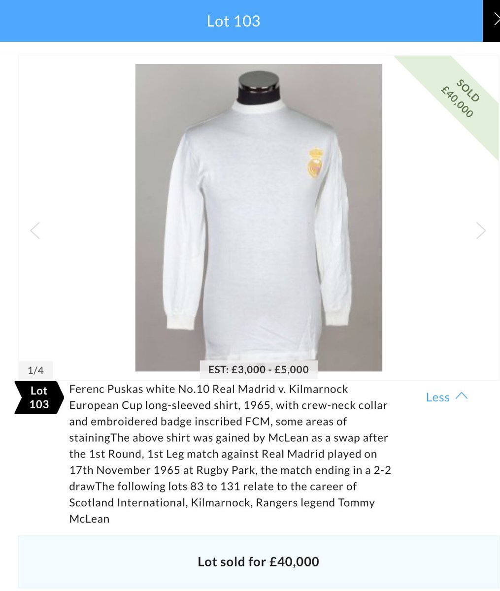 WOW 🤩 the legendary Ferenc Puskas matchworn shirt from the famous <a href="/KilmarnockFC/">Kilmarnock FC</a>  v <a href="/realmadriden/">Real Madrid C.F. 🇬🇧🇺🇸</a> game of 17 November 1965 just sold for circa £50,000 (out the door price). What a player, what a shirt and ultimately, what a price.