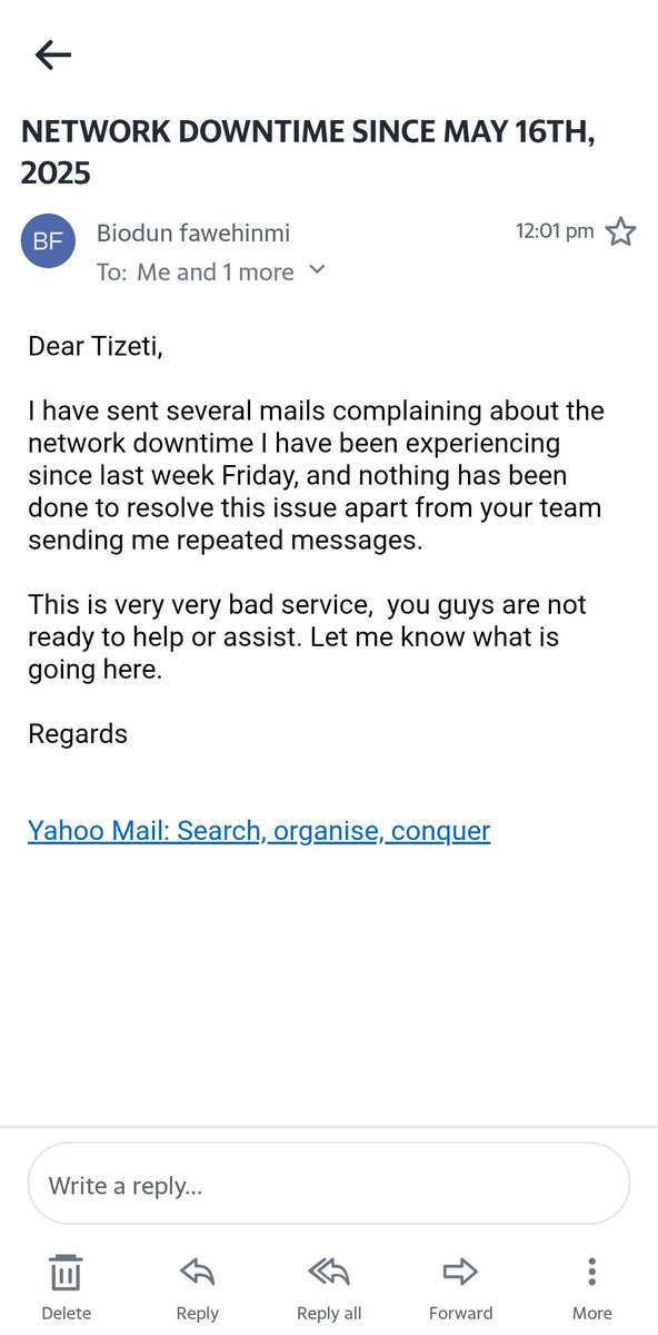 fawebio's tweet photo. @wifisupport1 Hello Tizeti,

This is looking terrible, I have been without network since last week Friday and your team has done nothing about it, aside send repeated mail. This is not working, this is just waste of my money.  Pls do something about it quickly. https://t.co/HEjoUsXvby