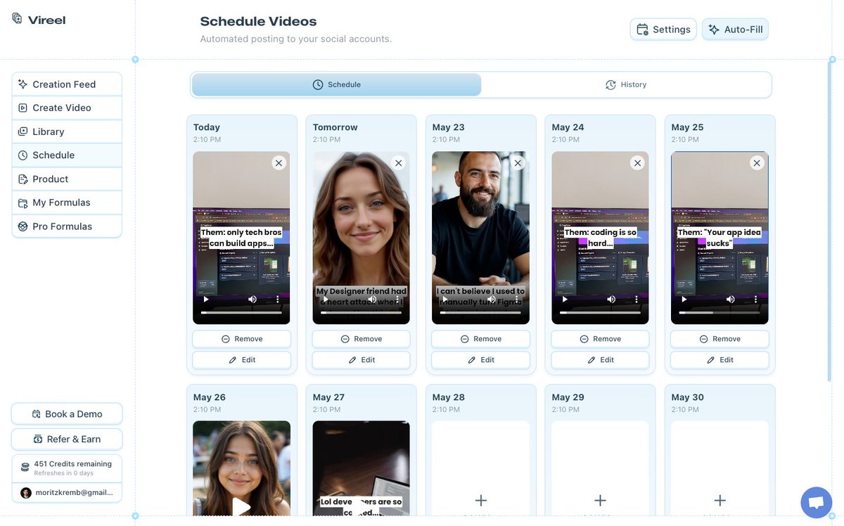 I just scheduled a week's worth of content in less than 30mins

1. go to vireel .com
2. choose from trending formulas or create your own
3. generate videos and schedule

This will get me anywhere from 10k - 100k views this week. If something pops off maybe even more.