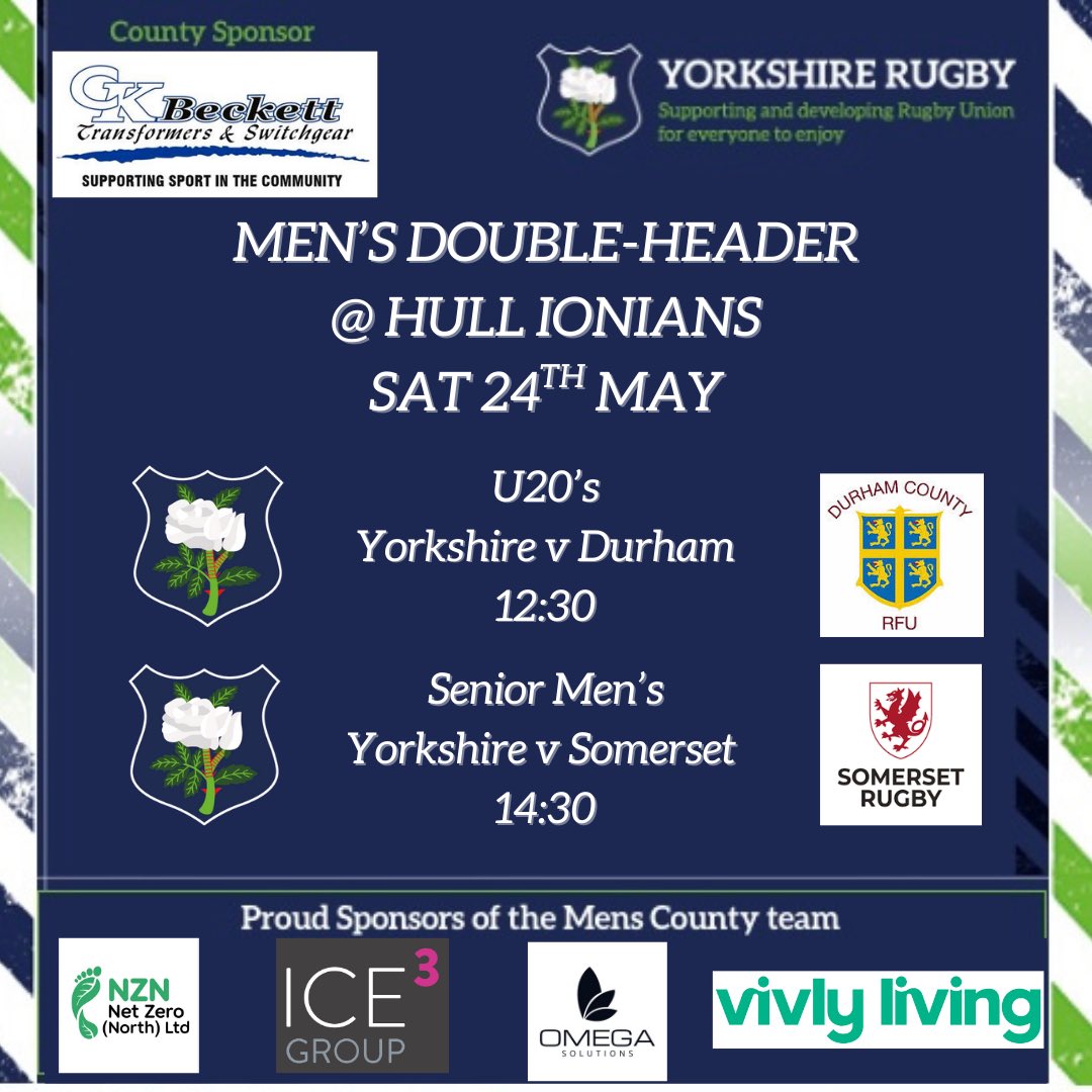 YorkshireRFU (@yorkshire_rfu) on Twitter photo ❗️This Saturday ❗️
<a href="/Ioniansrufc/">Hull Ionians RUFC</a> will be hosting our Men’s County Championship Double-Header at Brantingham Park.
U20’s v <a href="/DurhamCountyRFU/">Durham County</a> @ 12:30
Senior Men v <a href="/SomersetRFU/">Somerset County RFU</a> @ 14:30
Entrance £10
Car Park £5
#whiterose ❗️This Saturday ❗️
<a href="/Ioniansrufc/">Hull Ionians RUFC</a> will be hosting our Men’s County Championship Double-Header at Brantingham Park.
U20’s v <a href="/DurhamCountyRFU/">Durham County</a> @ 12:30
Senior Men v <a href="/SomersetRFU/">Somerset County RFU</a> @ 14:30
Entrance £10
Car Park £5
#whiterose