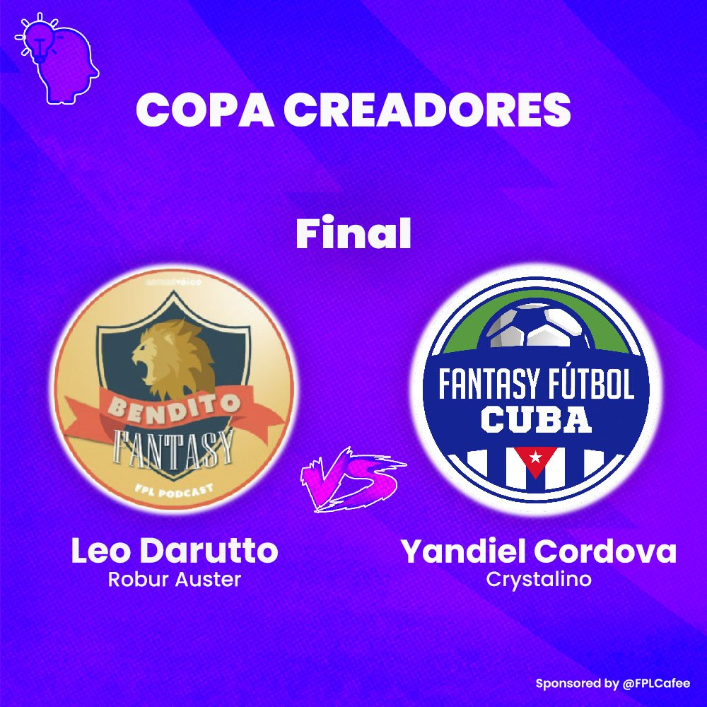 #CopaCreadores

FINAL 🏆

@Fan_Fut_Cuba y una nueva final, buscarán el Tricampeonato con <a href="/Yandiel_Cordova/">Yandi⚽</a> 🇨🇺

<a href="/BenditoFantasy/">Bendito Fantasy</a> llega nuevamente a la final representado esta vez por <a href="/Darutto_FPL/">Leo Darutto</a> 🇲🇽 

Quién es tu favorito en la gran final? 👀

#FPL #GW38