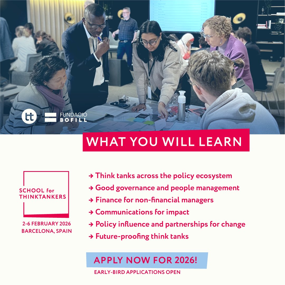What’s in store at #SchoolForThinktankers2026?

Expert-led sessions, site visits, global networking &amp; practical tools to grow your impact. Plus, join a network of 250+ alumni from 60+ countries.

🎓 Apply now for an early-bird discount: onthinktanks.org/school-for-thi…