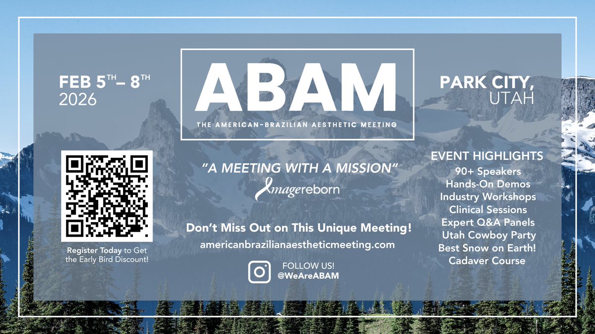 Don’t miss the 18th Annual American-Brazilian Aesthetic Meeting in Park City, Feb 5-8, 2026! Excited to launch 2 dual learning tracks—Surgical &amp; Non-Surgical—for an unmatched experience. 
Plus ski breaks, socials, the ABAM Cowboy Party &amp; more!  #WeAreABAM
 americanbrazilianaestheticmeeting.com