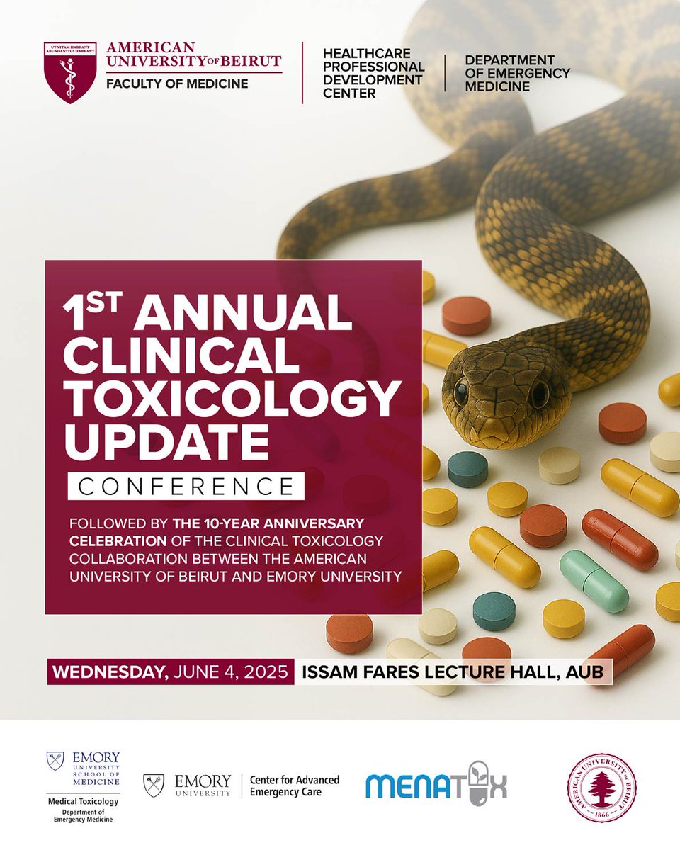 HPDC_AUB's tweet image. Join us in celebrating a decade of collaboration in clinical toxicology!
AUB and Emory University, in collaboration with HPDC are proud to launch the First Annual Clinical Toxicology Update Conference.
Register👇🏻
linktr.ee/hpdc.aub?fbcli…
#toxicology #aub #aubmc #hpdc
