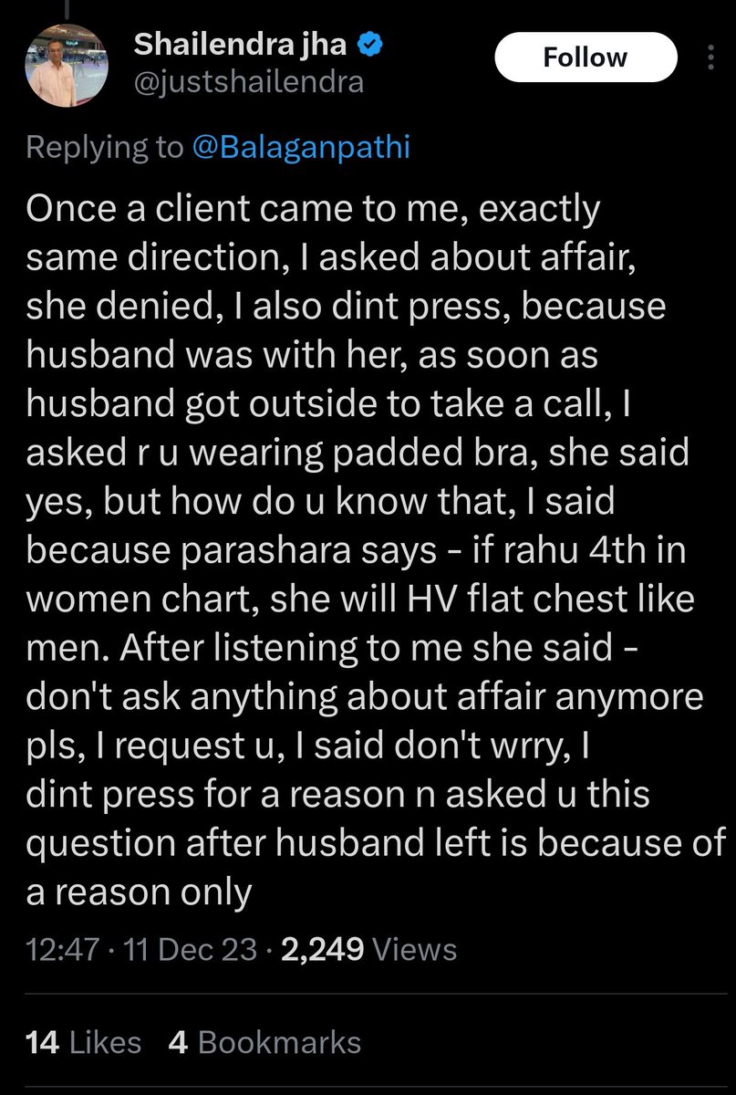 theashramCH's tweet photo. Sadly this happens a lot. Astrologers can be creepy too. 

There was another incident he tweeted (proudly) about what he advised (*personal opinion.. almost always bad judgement)  that made a girl feel unsafe. (I believe that he put her in danger with bad advice) He blocked me after I .. well.. admonished him. (I should stop doing that on X) 

Your birth details are more revealing and important than your SSN or credit score or other personal details that need privacy. 

Be careful who you give your chart too.. never reveal info publicly for free readings..

*Many astrologers mix and match their personal opinions with chart readings. Terrible idea. You have to be 1. Non judgmental 2. Never interfere with karma. 

But I digress.,. 

👇🏼 because this drama is already public .. but mostly it’s PSA for women’s safety. 

I don’t believe someone would put this up as though it’s something he is proud of..

I can’t even.. ugh.. men! 

Also: 14 people liked it and 4 people bookmarked this!! wtf is wrong with people 🙄