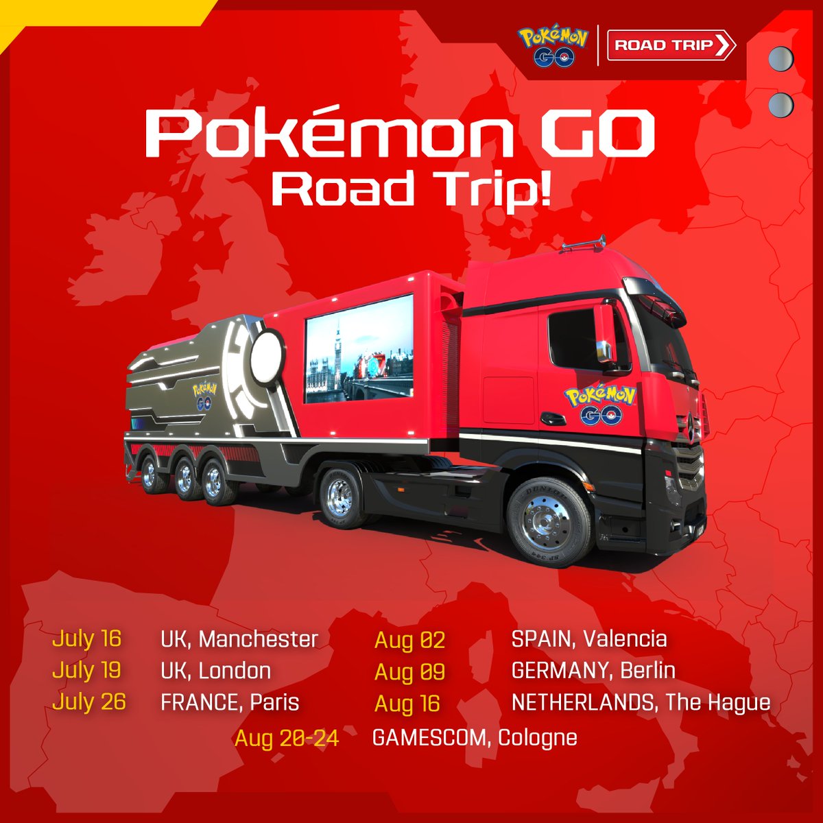 Are you ready for a summer full of adventure? 🤩 

The #PokemonGORoadTrip Truck tour is rolling into seven cities across the UK, Germany, France, Spain, and the Netherlands starting July 16! 🗺️ 
 
📌 bit.ly/3FnlCnB

#PokemonGORoadTrip #PokemonGO
