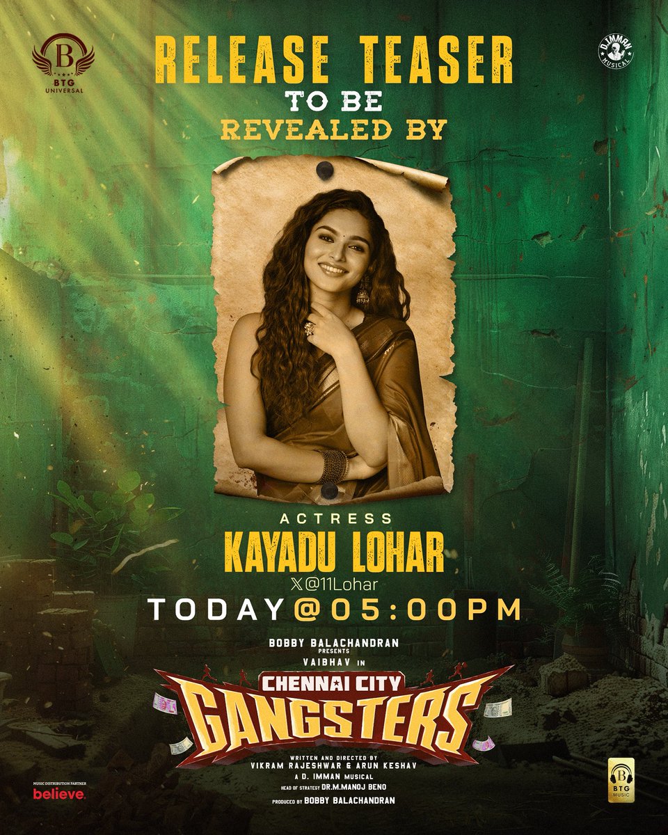 BTG Universal (@btguniversal) on Twitter photo The latest rage <a href="/11Lohar/">Kayadu Lohar</a> to launch the release teaser of #ChennaiCityGangsters today at 5PM 🔥
Get set for the film in theatres on 20th June!
An <a href="/immancomposer/">D.IMMAN</a> musical!
<a href="/BTGUniversal/">BTG Universal</a> <a href="/bbobby/">bbobby</a> <a href="/ManojBeno/">Manoj Beno</a> <a href="/actor_vaibhav/">Vaibhav</a> <a href="/AthulyaOfficial/">Athulyaa Ravi</a> <a href="/Mani_Rajeshh/">Manikanta Rajesh</a> #VikramRajeshwar #ArunKeshav The latest rage <a href="/11Lohar/">Kayadu Lohar</a> to launch the release teaser of #ChennaiCityGangsters today at 5PM 🔥
Get set for the film in theatres on 20th June!
An <a href="/immancomposer/">D.IMMAN</a> musical!
<a href="/BTGUniversal/">BTG Universal</a> <a href="/bbobby/">bbobby</a> <a href="/ManojBeno/">Manoj Beno</a> <a href="/actor_vaibhav/">Vaibhav</a> <a href="/AthulyaOfficial/">Athulyaa Ravi</a> <a href="/Mani_Rajeshh/">Manikanta Rajesh</a> #VikramRajeshwar #ArunKeshav