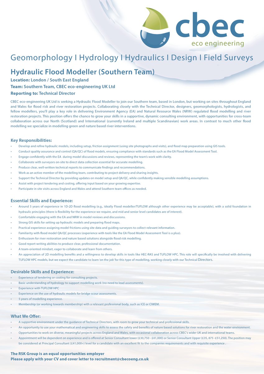 cbec eco-engineering UK & Europe (@cbecuk) on Twitter photo We are hiring! CBEC is looking for a Hydraulic Flood Modeller as part of our southern team! For more information please go to our website cbecoeng.co.uk/news/we-are-hi…
To apply send your CV and cover letter to recruitment@cbecoeng.co.uk #recruitment #CBECUK #jobsinscience We are hiring! CBEC is looking for a Hydraulic Flood Modeller as part of our southern team! For more information please go to our website cbecoeng.co.uk/news/we-are-hi…
To apply send your CV and cover letter to recruitment@cbecoeng.co.uk #recruitment #CBECUK #jobsinscience