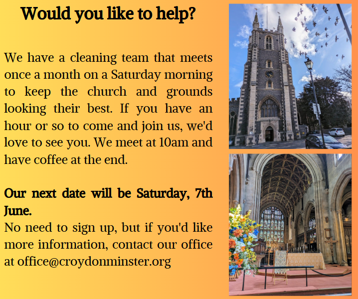 #ChurchCleanUp #VolunteerWithUs #CommunitySpirit #CroydonMinster #TeamWork #ChurchLife #SaturdayService #FaithInAction #LoveYourChurch #HelpingHands #ChurchVolunteers #JoinUs #CleanAndGreen #TogetherWeServe #MinsterMatters