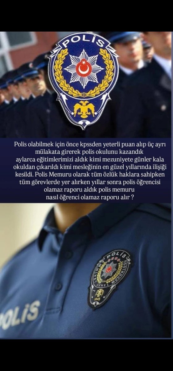 erkantemes1's tweet photo. @YS_Turkoglu Sayın vekilim bizler polis okullarında zorlu eğitimlerimizi başarıyla tamamlayıp kimimiz aylar sonra kimimiz mezun olamadan ilişiğimiz kesildi.Verdiğimiz tüm emekler boşa gitti bu konuda mağduriyetimizi giderecek (gih) geri hizmetler kanunu tekrardan çıkarılmasını talep ediyoruz https://t.co/nAi2bFTowb
