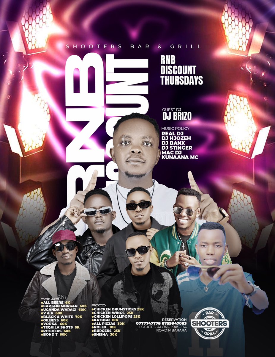 Shooters Bar And Grill Mbarara (@shootersbar_mbr) on Twitter photo Experience the best R&B Discount vibes every Thursday and the next edition is featuring <a href="/DeejayBrizo/">Kɨռɢ Bʀɨʐօ™🎧🎵🇺🇬</a>—The party breeze this Thursday 22nd May.
✅Exclusive discounts on food and drinks!
✅Elevated vibes- enjoy crafted cocktails, great food and a Chìc corporate atmosphere! Experience the best R&B Discount vibes every Thursday and the next edition is featuring <a href="/DeejayBrizo/">Kɨռɢ Bʀɨʐօ™🎧🎵🇺🇬</a>—The party breeze this Thursday 22nd May.
✅Exclusive discounts on food and drinks!
✅Elevated vibes- enjoy crafted cocktails, great food and a Chìc corporate atmosphere!