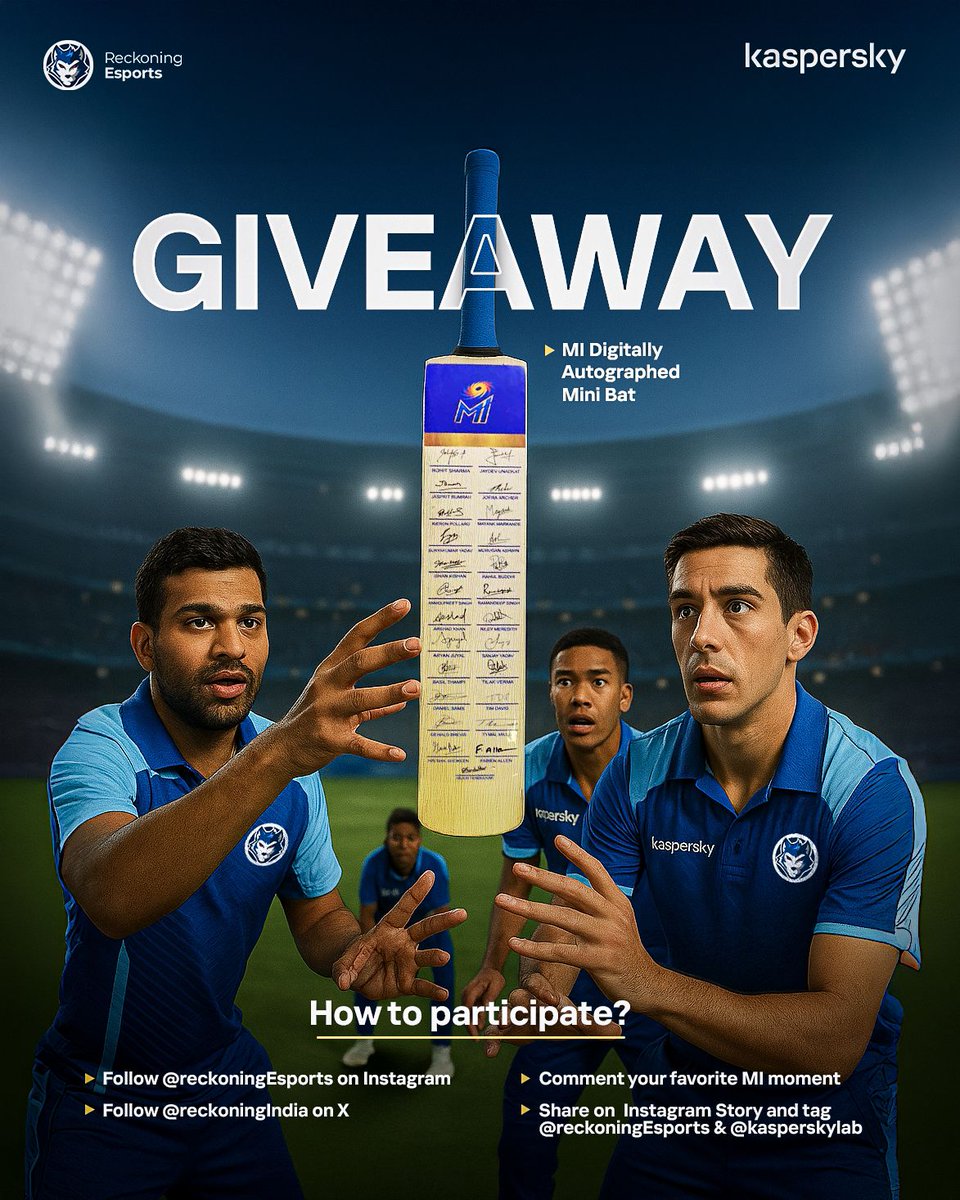 Mumbai Indians X Kaspersky Giveaway 🎁

MI ki Paltan this one's for you! 
Stand a chance to win an autographed bat signed by your favorite MI players 💙

To participate :
• Follow Reckoning Esports on Instagram and X 
• Like and retweet the post 
• Comment your favourite Mi
