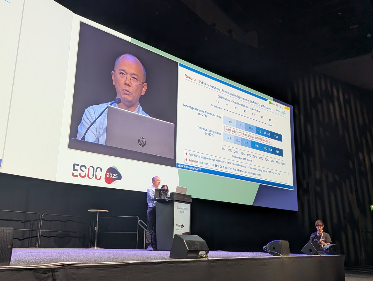 NeuroNews (@nn_publishing) on Twitter photo Guangxiong Yuan and <a href="/NguyenThanhMD/">Thanh Nguyen 🇺🇦</a> take to the #esoc2025 stage to present BRIDGE-TNK study findings. Tenecteplase plus EVT was found to have improved functional outcomes (90-day mRS 0-2) versus EVT alone without a significant increase in mortality/sICH rates
<a href="/ESOstroke/">European Stroke Org</a> Guangxiong Yuan and <a href="/NguyenThanhMD/">Thanh Nguyen 🇺🇦</a> take to the #esoc2025 stage to present BRIDGE-TNK study findings. Tenecteplase plus EVT was found to have improved functional outcomes (90-day mRS 0-2) versus EVT alone without a significant increase in mortality/sICH rates
<a href="/ESOstroke/">European Stroke Org</a>
