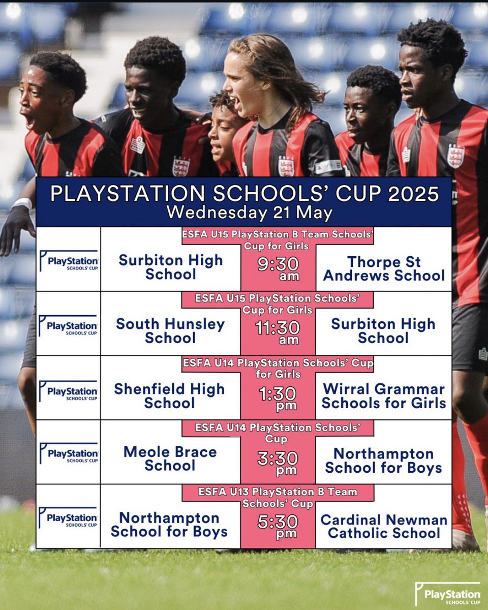 ⚽️🏆 ESFA National Finals 🏆⚽️

🏟️ West Bromwich Albion, The Hawthorns

⏰ 3:30pm - U14A vs Meole Brace

⏰ 5:30pm - U13B vs Cardinal Newman

🎥 Watch live here - youtube.com/live/nIu6lhCck…