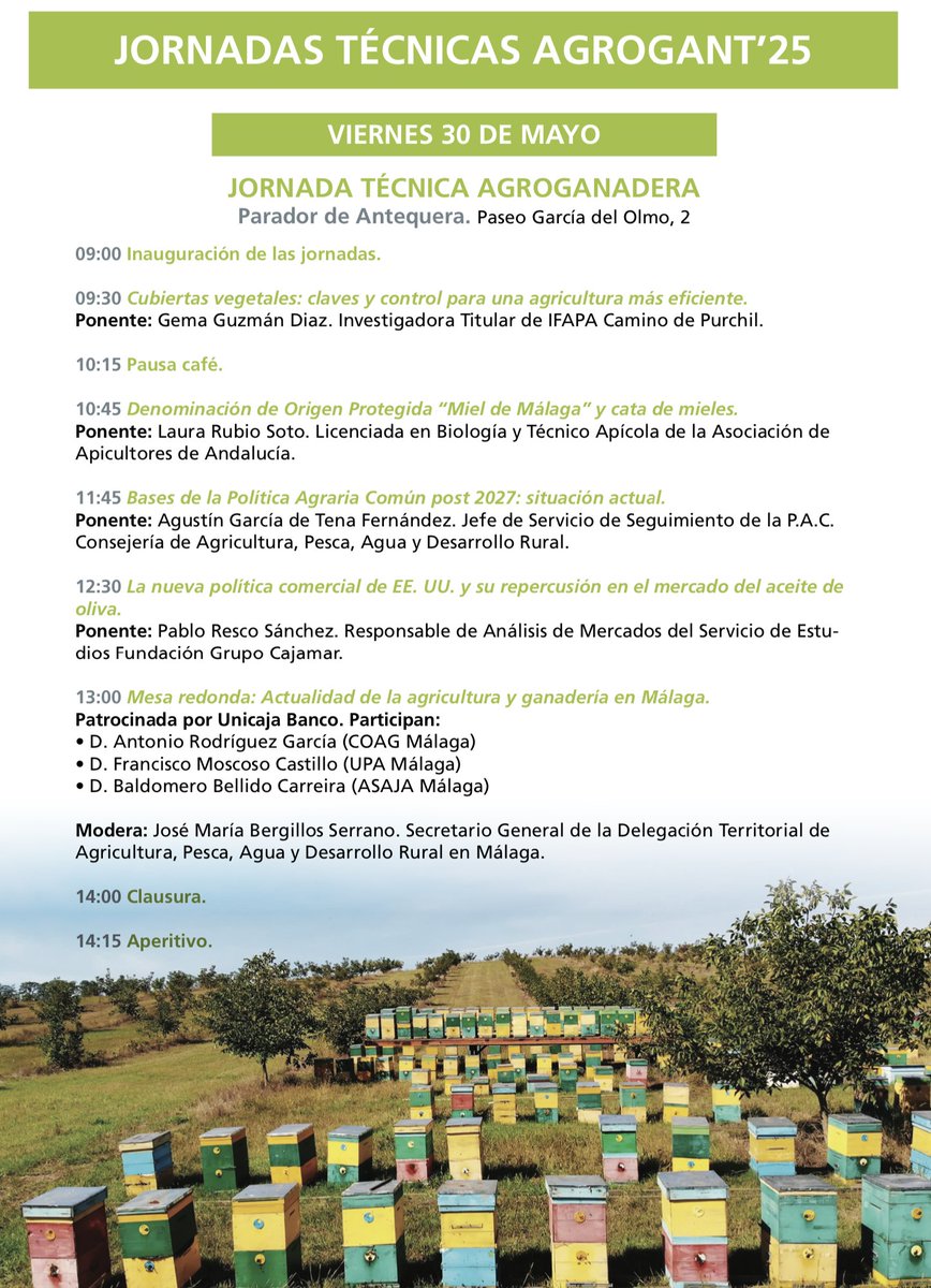 🐝🐝El próximo 30 de mayo estaremos en las jornadas técnicas de  #Agrogant con la ponencia DOP Miel de Málaga y una cata de mieles 🍯🍯