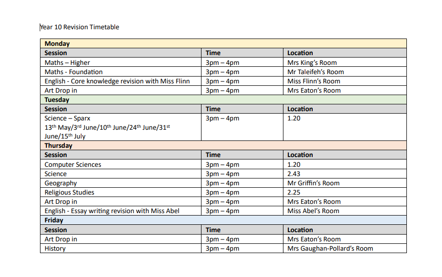 With the upcoming YR10 Mock Exams, parents/carers please find our revision timetable. More information will shortly be followed by email to all parents and carers. Thank you EWA