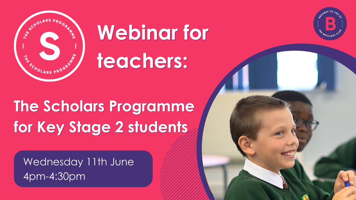 Key Stage 2 teachers: learn how to facilitate university-style learning for your students with this Scholars Programme webinar.

📅 Wednesday 11th June
⏰ 4-4:30pm

Register for this webinar: bit.ly/3H1MJ8g