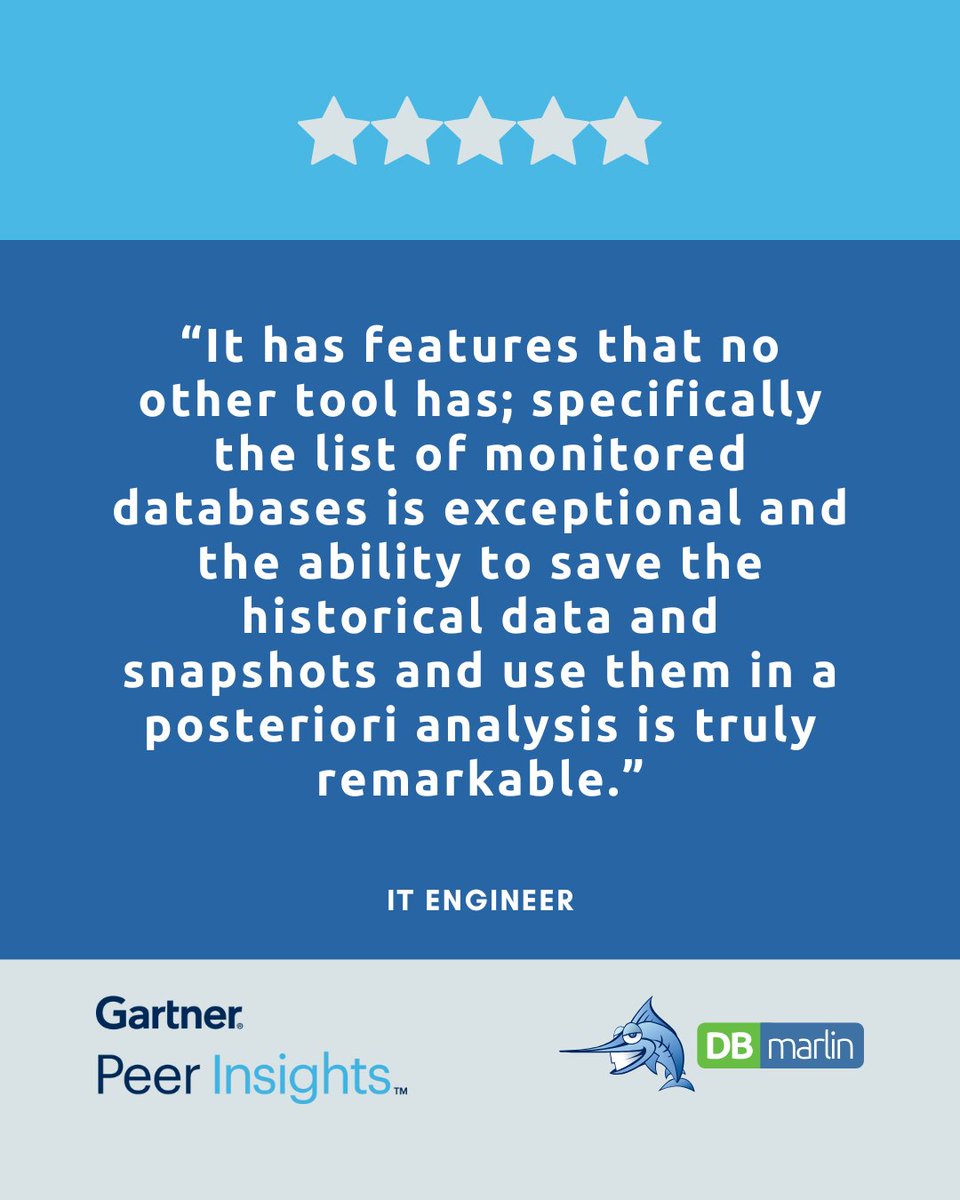 DBmarlin has a 4.6⭐️rating on Gartner!

<a href="/Gartner_inc/">Gartner</a> Peer Insights is a peer-driven ratings and reviews platform where all user reviews are verified before being published.

See what users love about #DBmarlin here: gtnr.it/3F6RFrZ