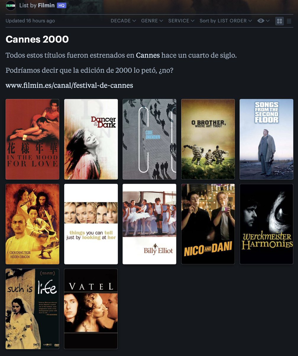 El tiempo pasa, pero no para la edición de Cannes 2000. Este año, todas ellas cumplen 25.

letterboxd.com/filmin/list/ca…
