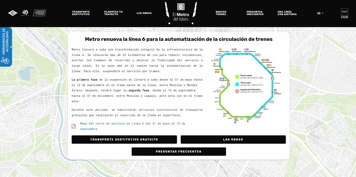 🚇 La <a href="/ComunidadMadrid/">Comunidad de Madrid</a> lanza un dispositivo para informar del cierre y las alternativas de transporte de la L6.

👉 Más info: metromadrid.es/es/nota-de-pre…

🚧🚎 Una nueva web ofrece todos los datos de la obra y permite calcular trayectos: metromadrid.es/es/elmetrodelf…