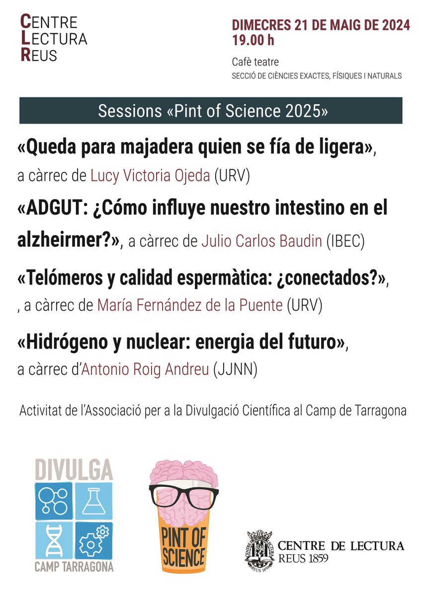 Centre de Lectura (@centredelectura) on Twitter photo 🔬 Avui dimecres a les 19.00, última sessió del festival Pint of Science 2025 al nostre cafè teatre. És una activitat de <a href="/divulgaTGN/">Divulgació Científica al Camp de Tarragona</a> #Reus #CLR #joproposo <a href="/AgendaCultura/">Agenda Cultural de Catalunya</a> <a href="/ReusCultura/">Reus Cultura</a> <a href="/laguiadereus/">La Guia de Reus</a> <a href="/canalreus/">Canal Reus</a> <a href="/Surtdecasa/">Surtdecasa</a> <a href="/SagendaCultura/">S´Agenda Cultura</a> 🔬 Avui dimecres a les 19.00, última sessió del festival Pint of Science 2025 al nostre cafè teatre. És una activitat de <a href="/divulgaTGN/">Divulgació Científica al Camp de Tarragona</a> #Reus #CLR #joproposo <a href="/AgendaCultura/">Agenda Cultural de Catalunya</a> <a href="/ReusCultura/">Reus Cultura</a> <a href="/laguiadereus/">La Guia de Reus</a> <a href="/canalreus/">Canal Reus</a> <a href="/Surtdecasa/">Surtdecasa</a> <a href="/SagendaCultura/">S´Agenda Cultura</a>