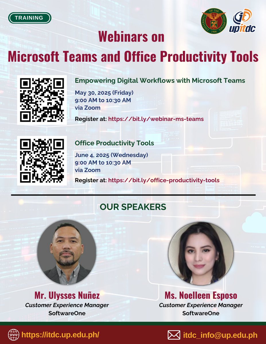 UP ITDC invites UP staff and SUC staff to free webinars regarding Microsoft 365. Experts will discuss the platform’s tools and how they can be maximized to enhance collaboration and productivity in the workplace. 

For inquiries, email us at itdc_info@up.edu.ph

See you there!