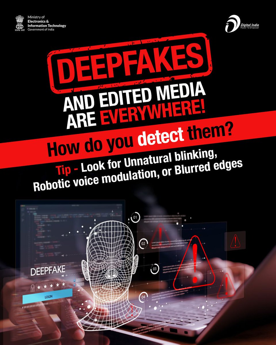 AI-powered deepfakes and cleverly edited clips are on the rise—and they're fooling millions. Before you hit that share button, take a pause. Remember: A doctored image can distort reality.

#SpotTheFake #VerifyVisuals #CheckBeforeYouTrust #DigitalIndia
<a href="/PIBFactCheck/">PIB Fact Check</a> <a href="/SSOIndia/">ISEA - Stay Safe Online by MeitY</a>