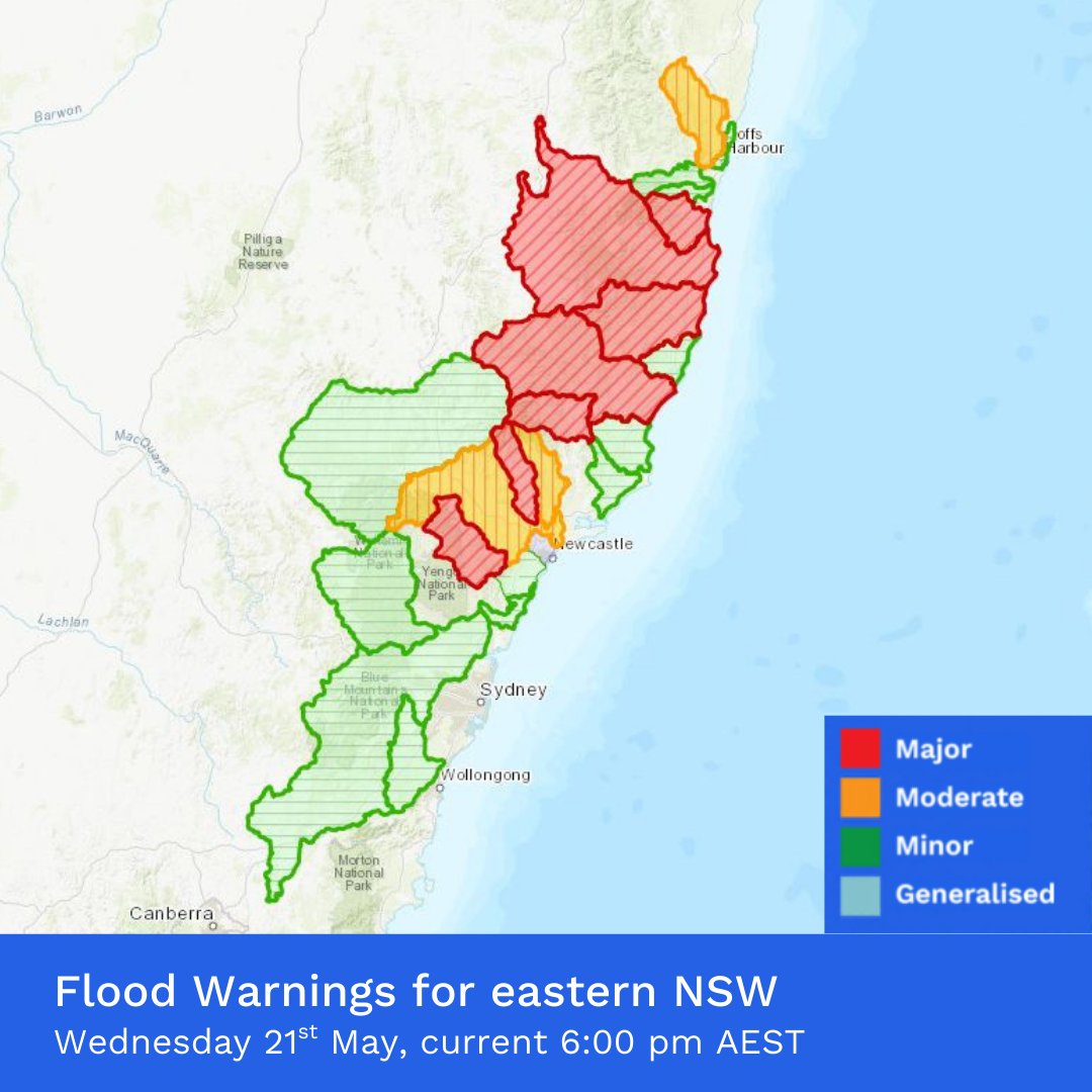 BOM_au's tweet photo. A #SevereWeatherWarning remains for widespread heavy to locally intense rainfall across eastern #NSW.
#MajorFloodWarnings current for #NambuccaRiver, #MacleayRiver & more.
Numerous Moderate & Minor Flood Warnings current across other catchments.
Latest: https://t.co/jlOoTZL1iF https://t.co/NsYMamti8e