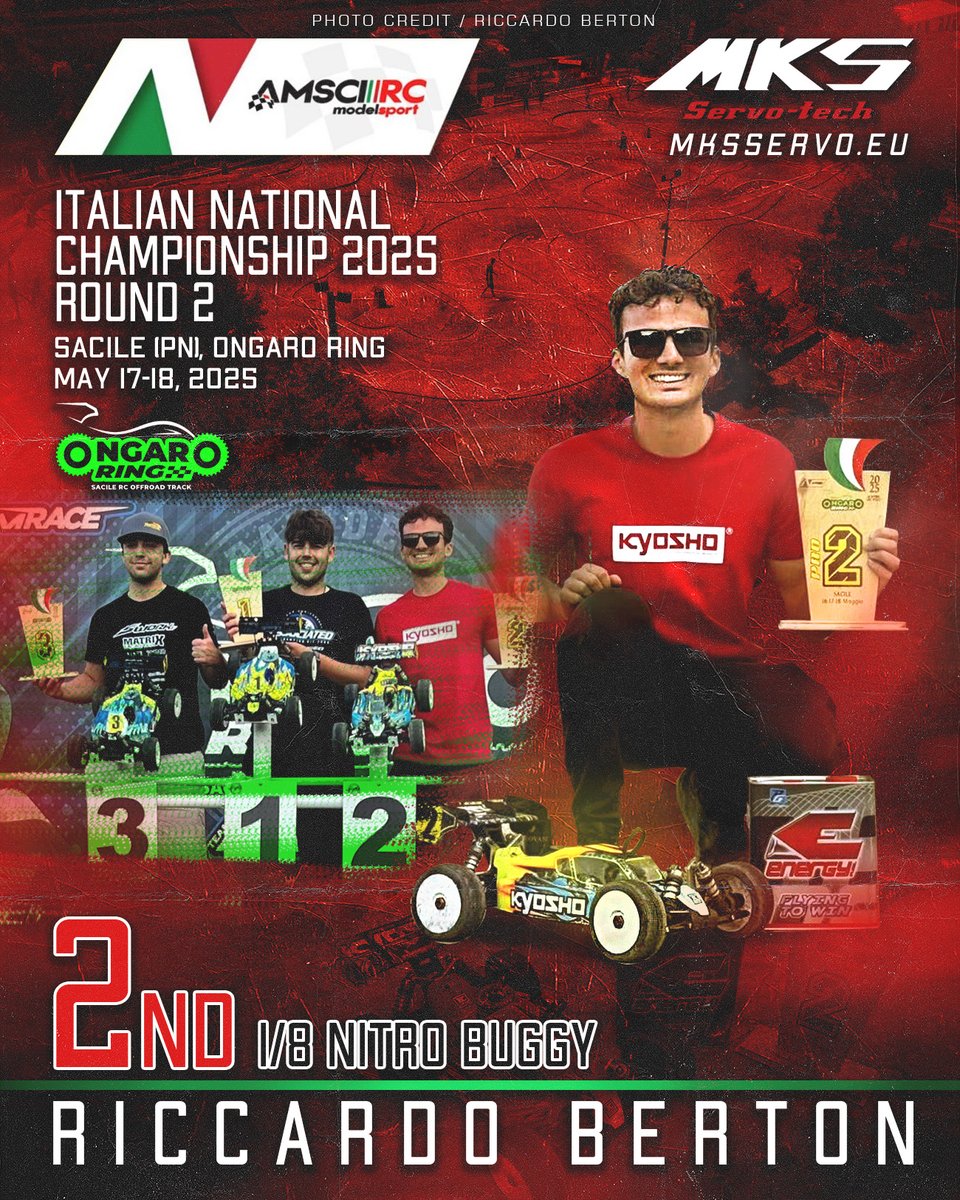 Congrats MKS Servo Tech team 🇮🇹Riccardo Berton finished 2nd 🥈for 1/8 Nitro Buggy at 🇮🇹🏁2025 AMSCIRC Italian Nationals Round-2 at Ongaroring RC Track 🏁🇮🇹

#MKSservos #MKSservo #MKS #MKSEU KAVAN #KavanRC
#AMSCI #ItalianNationalChampionship #OngaroRing