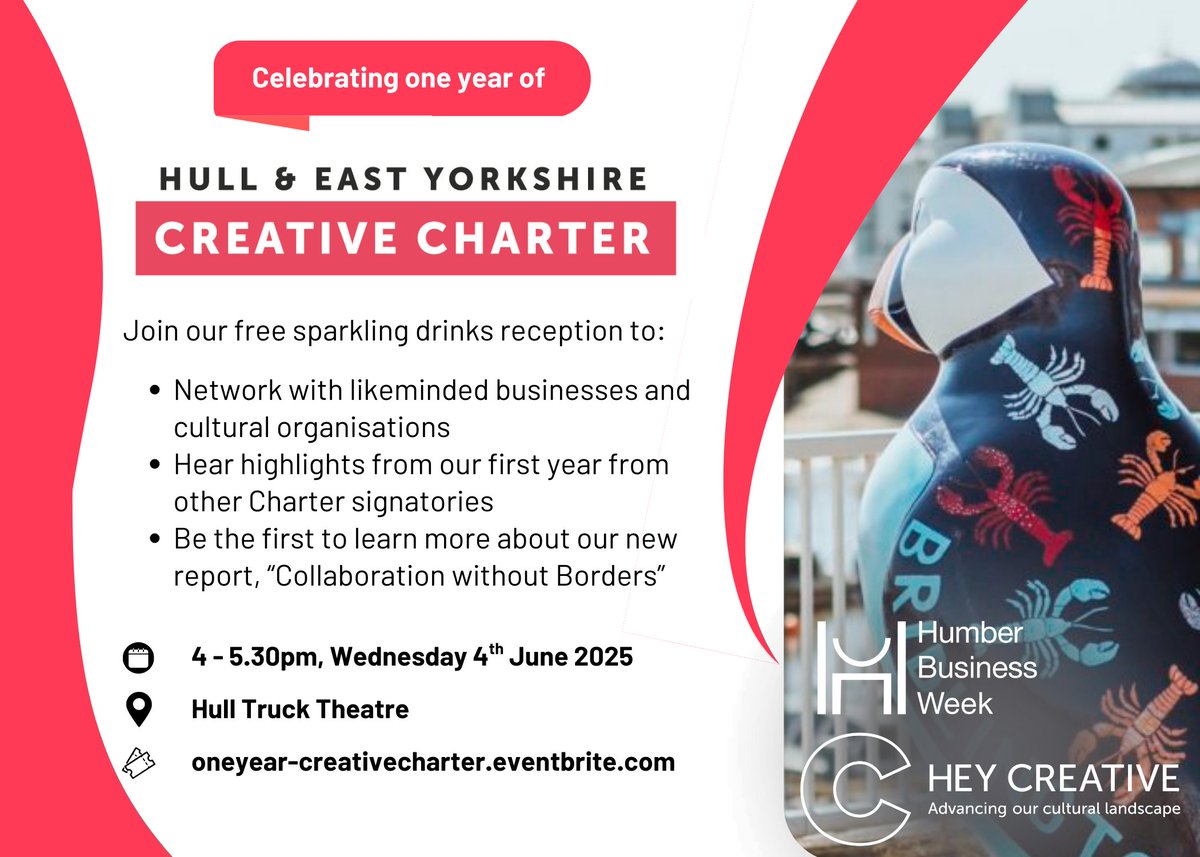 HEY Creative (@heycreativecc) on Twitter photo π Celebrate 1 year of the Hull & East Yorkshire Creative Charter!
Join us for a FREE drinks reception, networking & insights from our new report βCollaboration Without Bordersβ at @BizWeek2025 π‘
π
4 June | 4β5:30pm
π <a href="/HullTruck/">Hull Truck Theatre</a>
ποΈ Book by 28 May: oneyear-creativecharter.eventbrite.com π Celebrate 1 year of the Hull & East Yorkshire Creative Charter!
Join us for a FREE drinks reception, networking & insights from our new report βCollaboration Without Bordersβ at @BizWeek2025 π‘
π
4 June | 4β5:30pm
π <a href="/HullTruck/">Hull Truck Theatre</a>
ποΈ Book by 28 May: oneyear-creativecharter.eventbrite.com