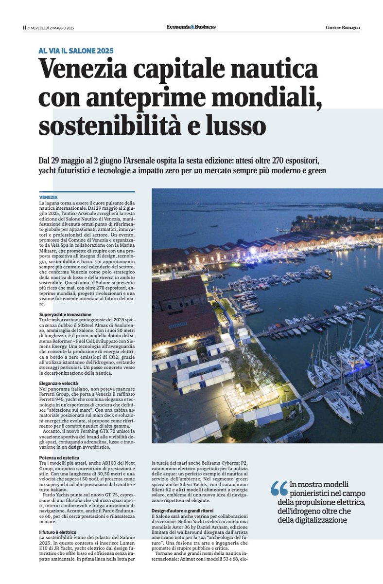 SaloneVenezia's tweet photo. Caffè nautico | #PressRoom ☕️🗞️ 

➡️ “Il futuro della nautica passa dal Salone di Venezia”

@CorriereRomagna racconta il #SaloneNauticoVenezia, capitale della nautica con anteprime mondiali, all'insegna della sostenibilità e dell'eccellenza del settore.

📍 Arsenale di Venezia, 29 maggio - 2 giugno 2025