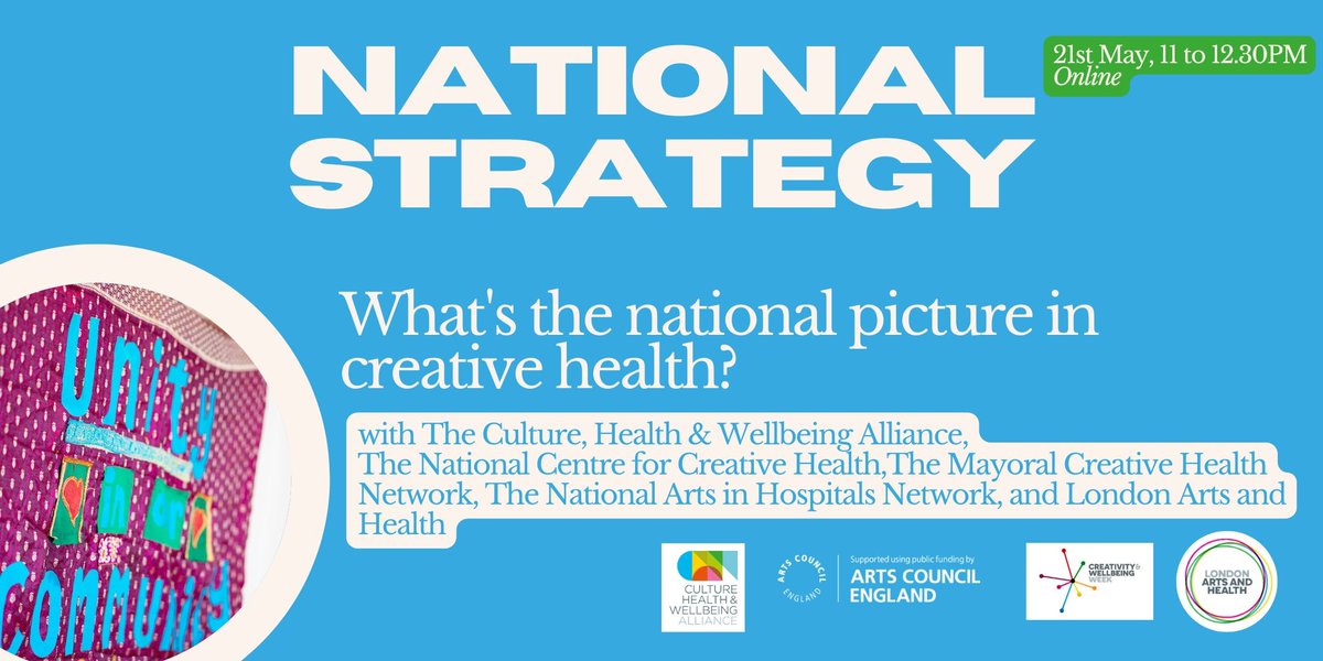 Happening today!

What's the national picture in creative health?
eventbrite.co.uk/e/whats-the-na…

#Day3
#CreativityandWellbeingWeek