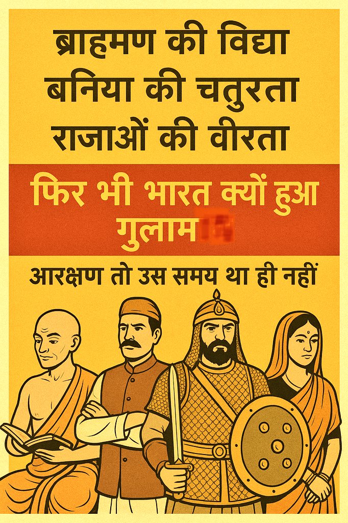 ब्राह्मण की विद्या
बनिया की चतुरता
राजाओं की वीरता 
फिर भी भारत क्यों हुआ गुलाम ?
आरक्षण तो उस समय था ही नहीं।