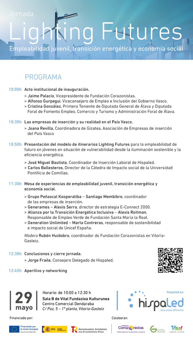 📅 El 29/05 a las 10h en Vitoria-Gasteiz, <a href="/Hispaled/">Hispaled</a> organiza #LightingFutures: empleabilidad juvenil, transición energética y economía social.

¡Una jornada clave para impulsar oportunidades reales desde la sostenibilidad!

📝 Inscripción: forms.gle/fXcav53PNGGJCb…