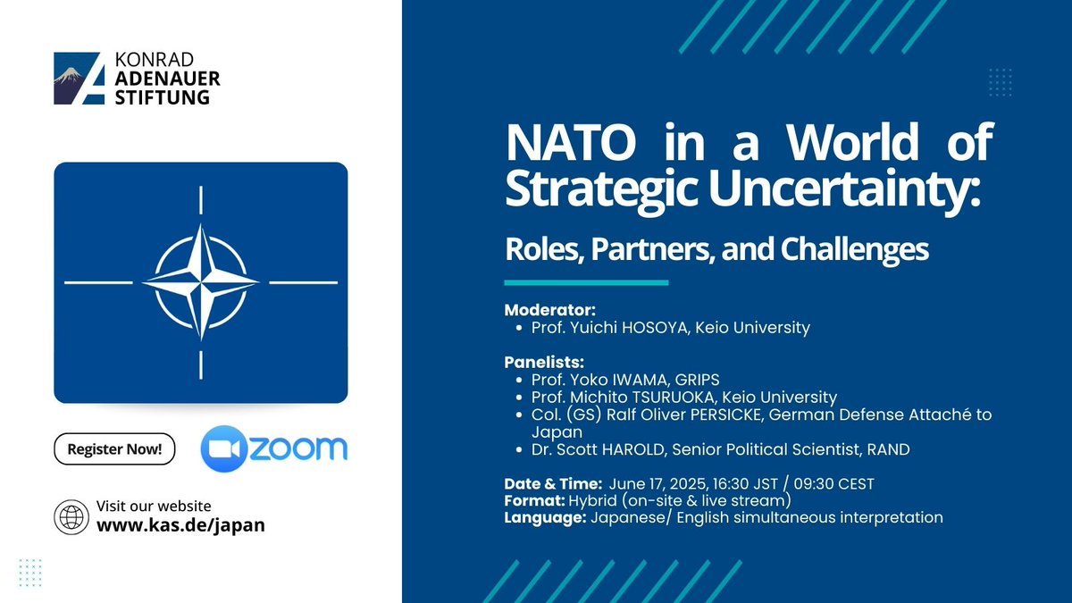 📢オンラインイベントのお知らせ📢

KAS日本事務所では「不確実性の増す世界とNATO」をテーマにシンポジウムを開催します。第一線で活躍する専門家をお招きし、激動の安全保障環境下におけるNATOの役割や課題、域外パートナーとの協力等について議論します。

詳細はこちら👇
kas.de/ja/web/japan/v…