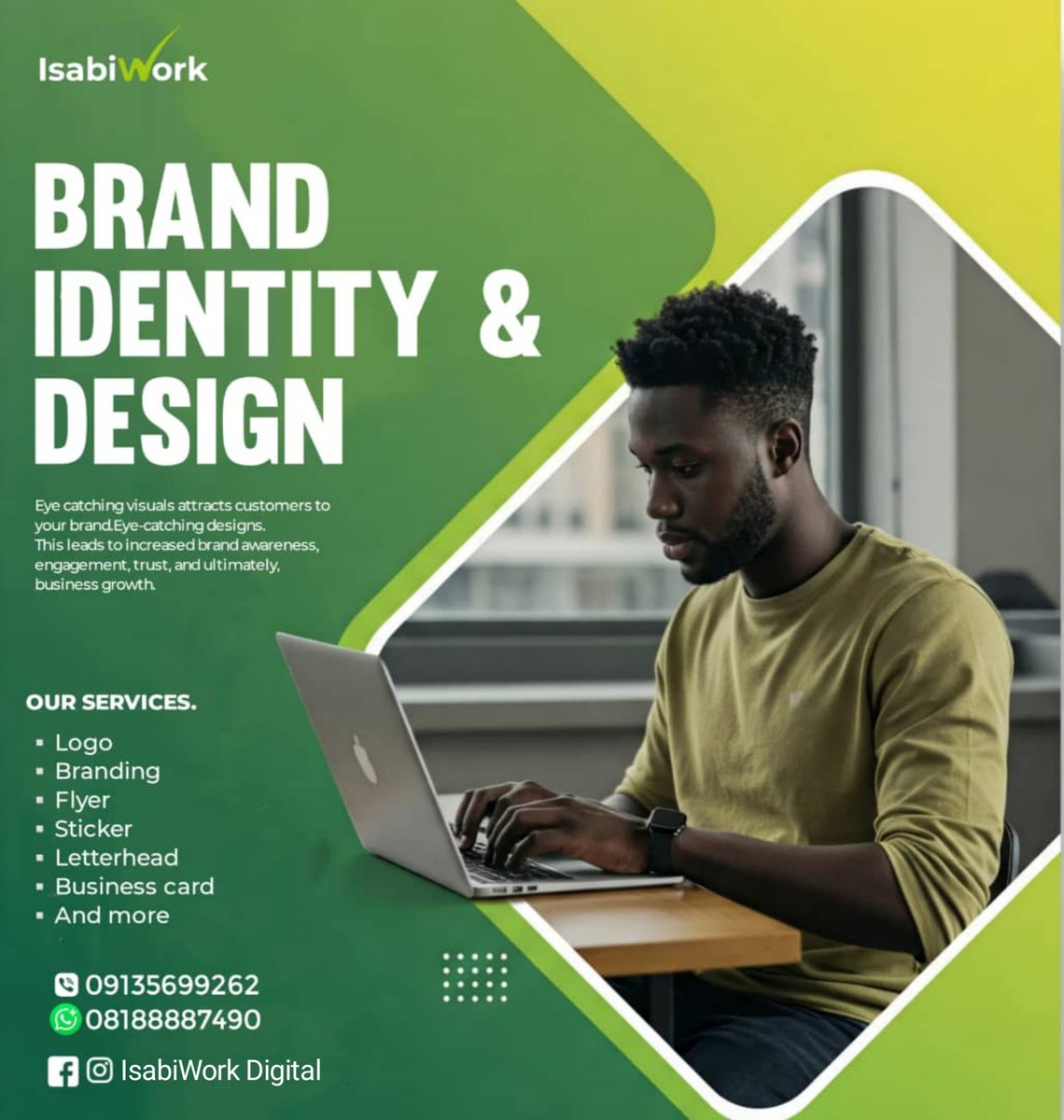 I_Sabi_Work's tweet photo. Get noticed. Get remembered. We craft stunning graphic designs & branding solutions. Let's tell your brand's story!
For inquiries;
Call: 09135699262
Whatsapp: 08188887490
#Branding #GraphicDesign #LogoDesign #Isabiwork #MarketingSolutions #CreativeAgency https://t.co/hdrYI7vFOr