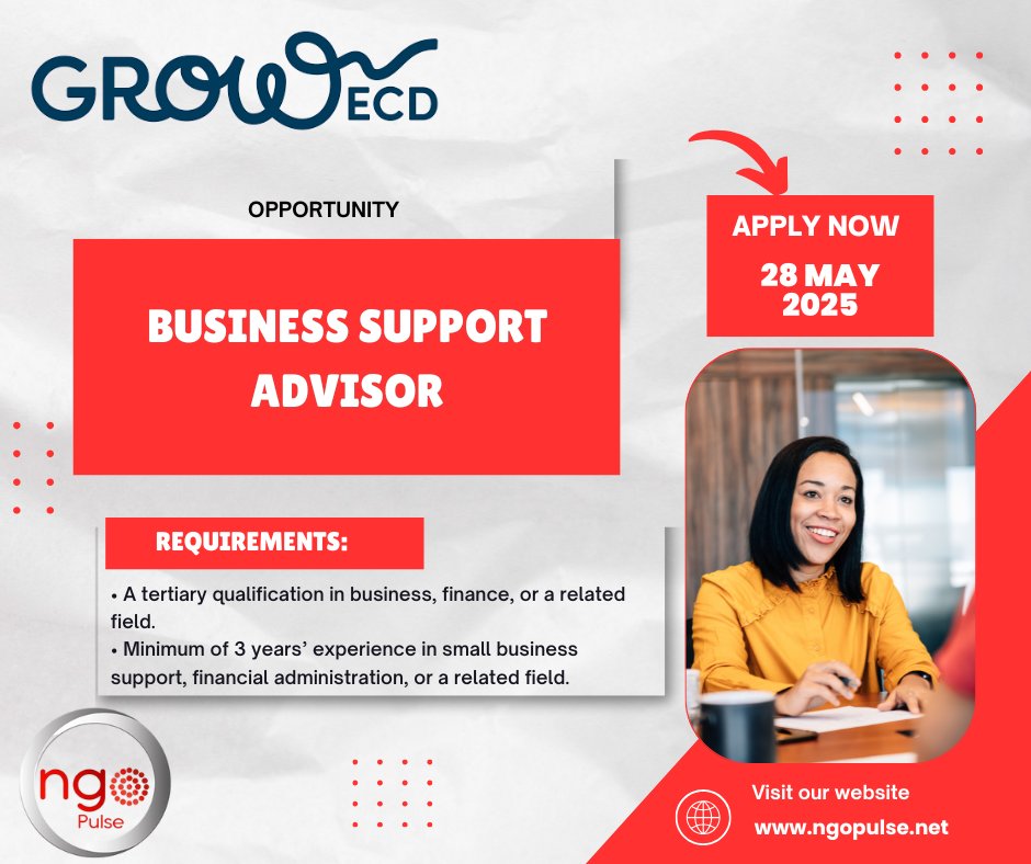 EMPLOYMENT ALERT🚨

POSITION: Business Support Advisor

COMPANY: Grow ECD

LOCATION: South Africa

APPLICATION LINK: ngopulse.net/ads/business-s…

APPLY BEFORE: 28 May 2025
#opportunity #employment