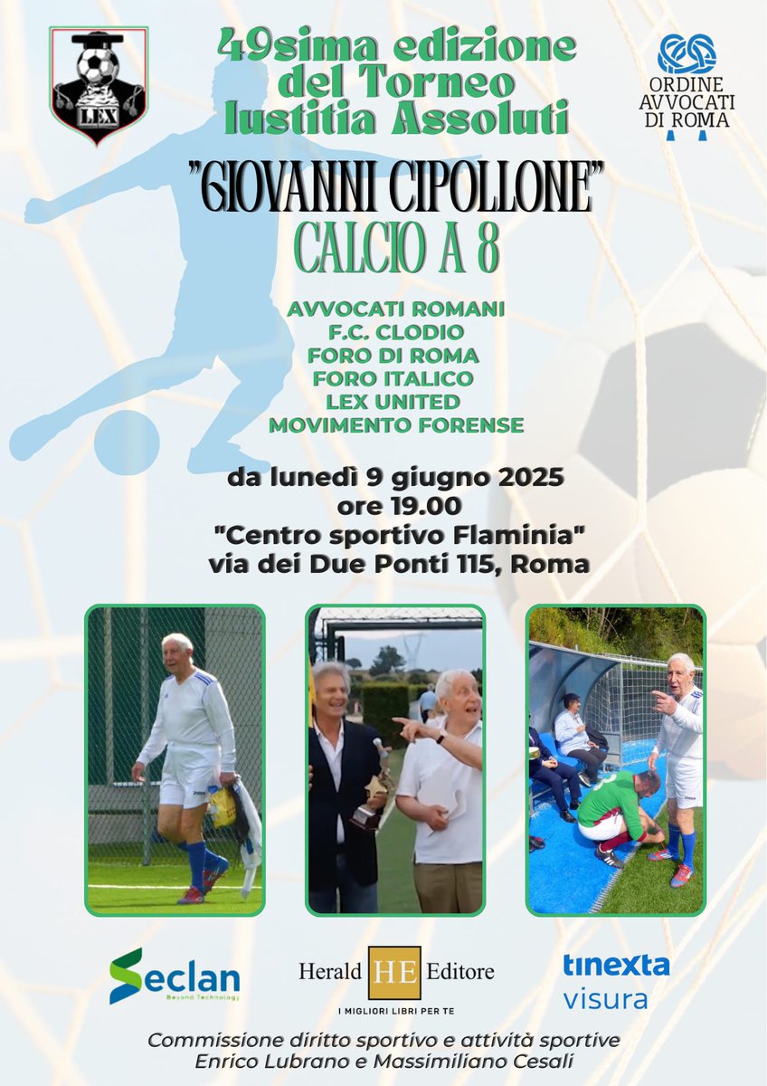 ⚽⚖️⚽ Ritorna, dopo 5 anni di assenza, lo storico torneo di calcio forense "Iustitia assoluti", giunto alla 4️⃣9️⃣esima edizione e intitolato al suo storico fondatore #GiovanniCipollone.
Clicca qui per ulteriori info 👇🏻
ordineavvocatiroma.it/product/352229…