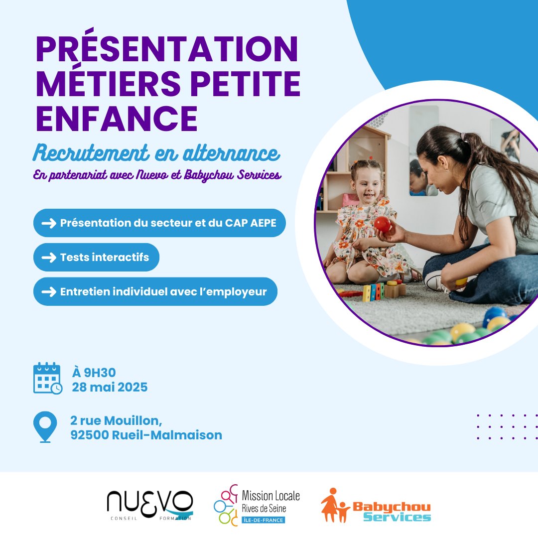 🎯 Vous vous intéressez aux métiers de la petite enfance ?
📅 RDV le 28/05 à 9h30 à la MLRDS (Antenne de Rueil-Malmaison) pour une présentation métier suivie d’une session de recrutement, avec le centre de formation Nuevo et Babychou Services !

+ d'info : mlrivesdeseine.com/presentation-m…