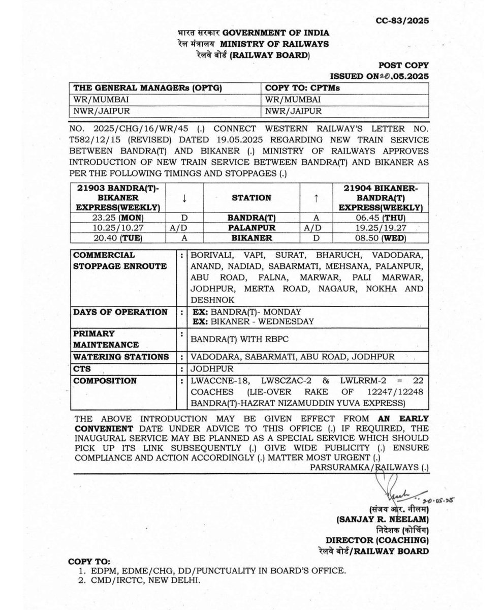 Frontier Rajasthan rail problems & News (@frajrail) on Twitter photo рд░реЗрд▓рд╡реЗ рдмреЛрд░реНрдб рджреНрд╡рд╛рд░рд╛ рдмрд╛рдВрджреНрд░рд╛ рдЯрд░реНрдорд┐рдирд╕ рд╕реЗ рдмреАрдХрд╛рдиреЗрд░ рдХреЗ рдмреАрдЪ рд╡рд╛рдпрд╛ рд╕реВрд░рдд, рд╕рд╛рдмрд░рдорддреА, рдЖрдмреВ рд░реЛрдбрд╝, рдЬреЛрдзрдкреБрд░ рдХреЗ рд░рд╛рд╕реНрддреЗ рдЧрд╛рдбрд╝реА рд╕рдВ-21903/04 рдмрд╛рдВрджреНрд░рд╛ рдЯрд░реНрдорд┐рдирд╕-рдмреАрдХрд╛рдиреЗрд░-рдмрд╛рдВрджреНрд░рд╛ рдЯрд░реНрдорд┐рдирд╕ рд╕рд╛рдкреНрддрд╛рд╣рд┐рдХ рдПрдХреНрд╕рдкреНрд░реЗрд╕ рдХреЛ рд╕реНрд╡реАрдХреГрддрд┐ рдкреНрд░рджрд╛рди рдХреА рдЧрдИред
рдЗрд╕ рдЯреНрд░реЗрди рдХрд╛ рд╕рдВрдЪрд╛рд▓рди рдмрд╣реБрдд рдЬрд▓реНрдж рдХрд┐рдпрд╛ рдЬрд╛рдПрдЧрд╛ред рд░реЗрд▓рд╡реЗ рдмреЛрд░реНрдб рджреНрд╡рд╛рд░рд╛ рдмрд╛рдВрджреНрд░рд╛ рдЯрд░реНрдорд┐рдирд╕ рд╕реЗ рдмреАрдХрд╛рдиреЗрд░ рдХреЗ рдмреАрдЪ рд╡рд╛рдпрд╛ рд╕реВрд░рдд, рд╕рд╛рдмрд░рдорддреА, рдЖрдмреВ рд░реЛрдбрд╝, рдЬреЛрдзрдкреБрд░ рдХреЗ рд░рд╛рд╕реНрддреЗ рдЧрд╛рдбрд╝реА рд╕рдВ-21903/04 рдмрд╛рдВрджреНрд░рд╛ рдЯрд░реНрдорд┐рдирд╕-рдмреАрдХрд╛рдиреЗрд░-рдмрд╛рдВрджреНрд░рд╛ рдЯрд░реНрдорд┐рдирд╕ рд╕рд╛рдкреНрддрд╛рд╣рд┐рдХ рдПрдХреНрд╕рдкреНрд░реЗрд╕ рдХреЛ рд╕реНрд╡реАрдХреГрддрд┐ рдкреНрд░рджрд╛рди рдХреА рдЧрдИред
рдЗрд╕ рдЯреНрд░реЗрди рдХрд╛ рд╕рдВрдЪрд╛рд▓рди рдмрд╣реБрдд рдЬрд▓реНрдж рдХрд┐рдпрд╛ рдЬрд╛рдПрдЧрд╛ред
